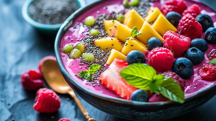vibrant smoothie bowl with colorful fruits and chia seeds on top