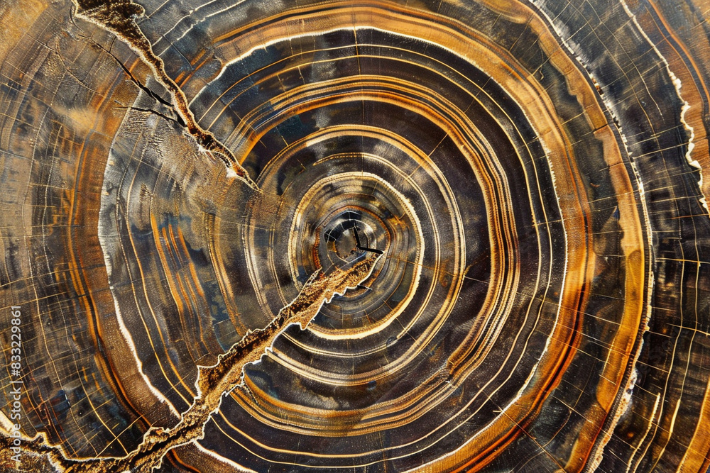 Fototapete A cross-section of a tree trunk showcasing the depth and complexity of its rings.
