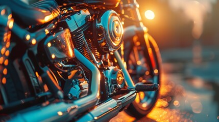 Rugged Harley Davidson Engine Close-Up: Sunset Reflection and Dusty Details