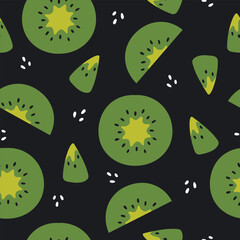 Kiwi fruits vector seamless pattern. Green kiwi fruit decorative background. Tropical fresh kiwi vector design for fabric, paper, wallpaper, cover, interior decoration. Vector illustration