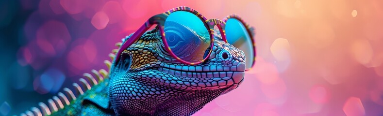 Vibrant Lizard with Colorful Sunglasses - Vray Tracing Style Photo-realism Featuring Mesmerizing Colorscapes in Aquamarine, Amber, Pink, and Orange