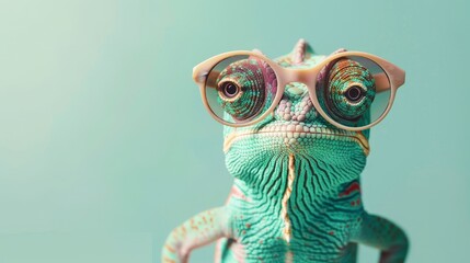 Vibrant Chameleon in Oversized Sunglasses Against Pastel Green Backdrop Capturing Quirky Charm Macro Photography of Colorful Reptile