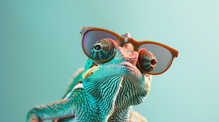 Quirky Charm of a Charismatic Chameleon - High-Resolution Macro Photography of a Chameleon Wearing Sunglasses in Vivid Turquoise and Coral Scales Against Pastel Green Background