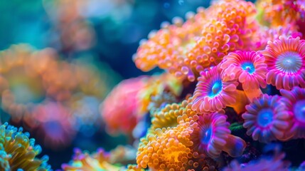 Mesmerizing Underwater Coral Reef Close-Up Revealing Vivid Colors and Detailed Patterns Captured with a 100mm Lens under Natural Sunlight