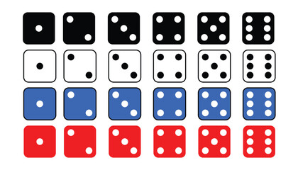 Dice graphic icons set, red, blu, black and white color vector ludo dice. a large set of blue dice. gambling objects to play in casino