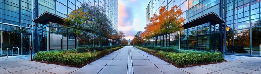 Obraz premium A panoramic view of an office building's exterior 