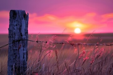 Tranquil Prairie Sunset Scene with Weathered Fence Post and Tall Dried Grass in Foreground