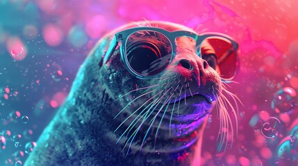 Groovy Psychedelic Cute Seal Rocking 1970s Glasses and Outfit in Cinematic Photorealism