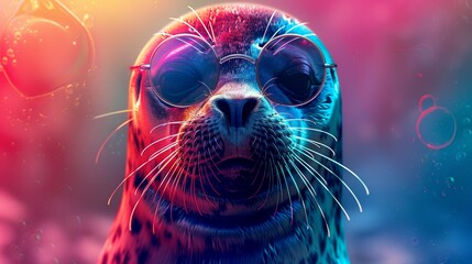 Groovy Psychedelic Seal Rocking 1970s Glasses Photorealistic Cinematic Illustration