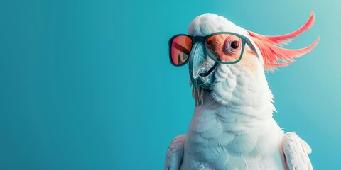 Hip Cockatoo Parrot Rocking Mirror Sunglasses on Soft Blue Background with Copy Space, Studio Lighting for Ultra Detailed Image