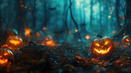 Eerie Halloween Pumpkins Among Spooky Forest and Tombs in Abstract Defocused Night Scene