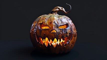 Spooky Halloween Jack-O'-Lantern with Glowing Eyes in 4K Photorealistic Quality Against Black Background