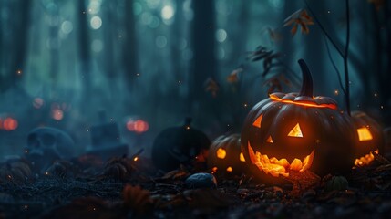 Eerie Halloween Atmosphere: Jack-o'-Lanterns in Spooky Forest with Tombstones Against Abstract Defocused Night Background