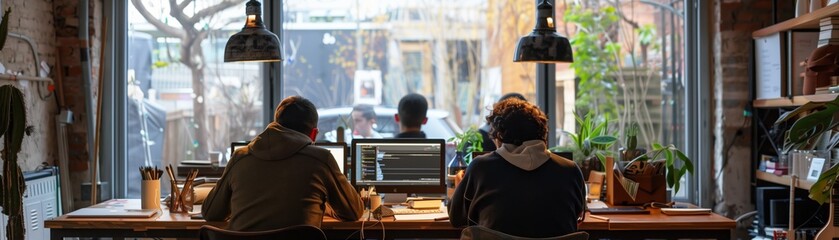Obraz premium Two developers work together on coding projects in a cozy, plant-filled workspace with large windows and natural light.