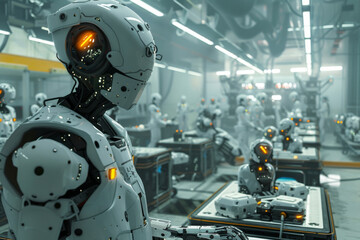 Fototapeta premium A futuristic assembly line with robots working on it