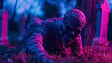 Eerie Neon Pink Night: Mummy Emerging from Graveyard with Insane Detail and Smooth Light captured with Canon EOS R5