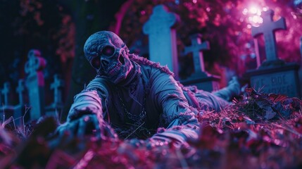 Eerie Mummy Emerging from Graveyard at Neon Pink Night - Canon EOS R5 Captures Insane Detail and Smooth Light