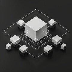 Abstract 3D Rendering of Minimalist White Boxes Connected with Lines on Black Background - Isometric View