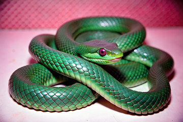Fototapeta premium Venomous Viper. Reptile Snake Photo for 2025 Year symbol. Pink background.