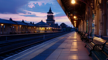 Obraz premium A quiet, empty train station at dusk, with old-fashioned benches and a clock tower; the tracks stretch into the distance, illuminated by the soft glow of the station lights