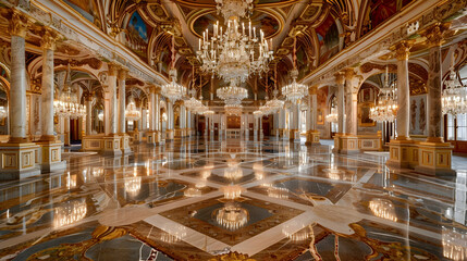 Obraz premium An empty, ornate ballroom with grand chandeliers hanging from the ceiling; the polished marble floor reflects the intricate patterns of the frescoed walls and ceiling