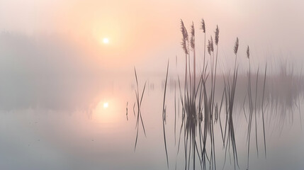A foggy marshland at dawn, with reeds and cattails emerging from the mist; the still waters mirror the pale light of the rising sun, creating an ethereal, otherworldly atmosphere