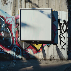 Small blank billboard on a graffiti-filled concrete fence, embodying urban street essence.
