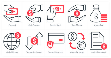 A set of 10 shopping icons as payment, cash payment, cash in hand