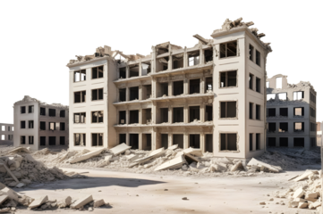 War-torn destroyed buildings isolated on transparent background. Perfect for post-apocalyptic themes, historical projects, and dramatic visuals.