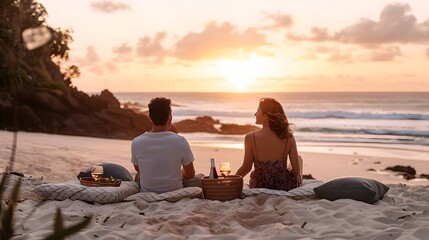Fototapeta premium Smiling young couple walking along a beach at sunset