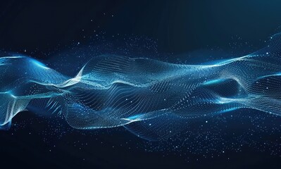 Abstract blue wave with dots and lines on dark background, digital technology concept for sound or...