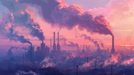 Smokestacks emitting pollutants into the atmosphere, contributing to the greenhouse effect and global warming