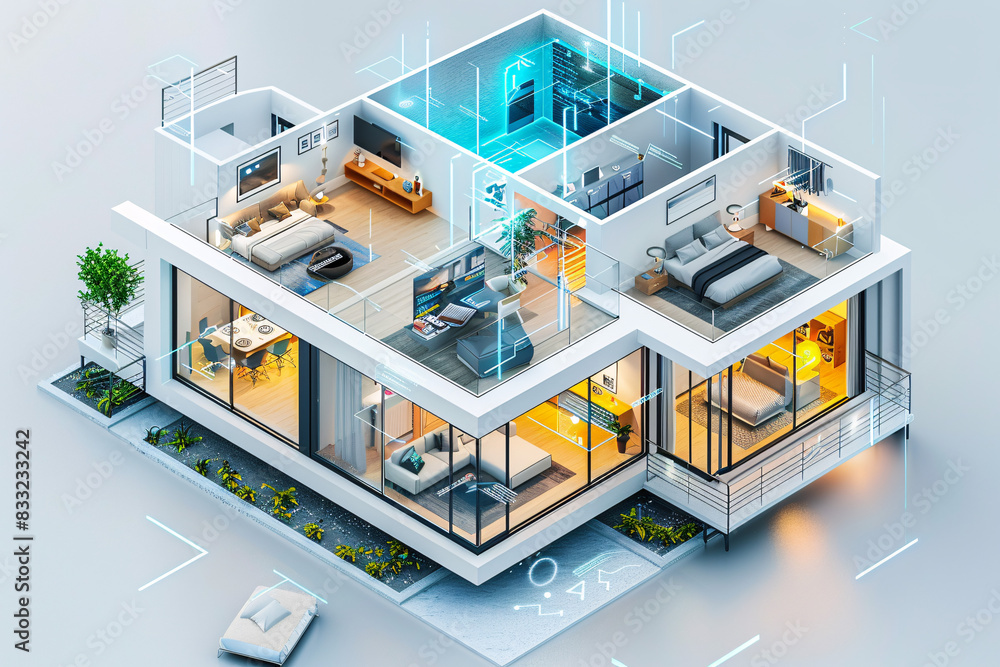 Poster in a clean and futuristic smart home interior, ai-augmented reality interfaces are seamlessly integr
