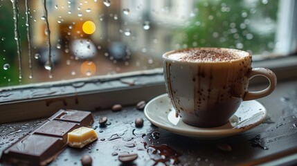 Enjoying a cup of foamy black coffee with a chocolate piece on a rainy day