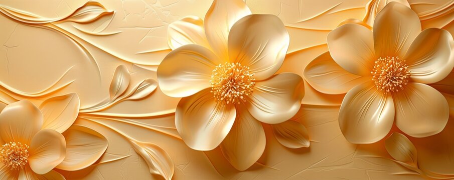 Gold 3D abstract floral patterns with soft petals, creating an elegant background