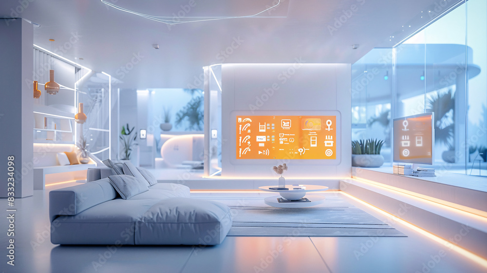 Poster a futuristic smart home interior featuring ai-augmented reality interfaces, with holographic display