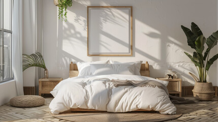 Interior of comfortable modern bedroom. Mockup frame in bedroom interior background, room in light pastel colors, 3d render