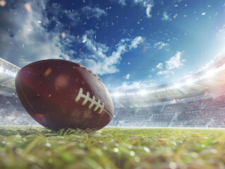 close up of rugby ball with wide stadium background - ai