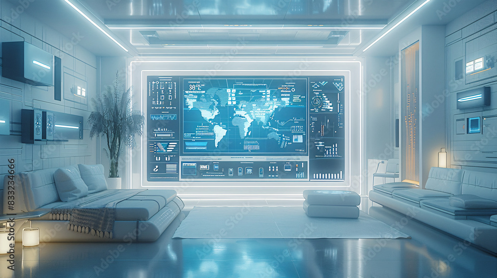 Poster inside a futuristic smart home, various devices are seamlessly integrated into the ai management sys