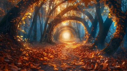  A mystical leaf-strewn tunnel leading to a luminous exit