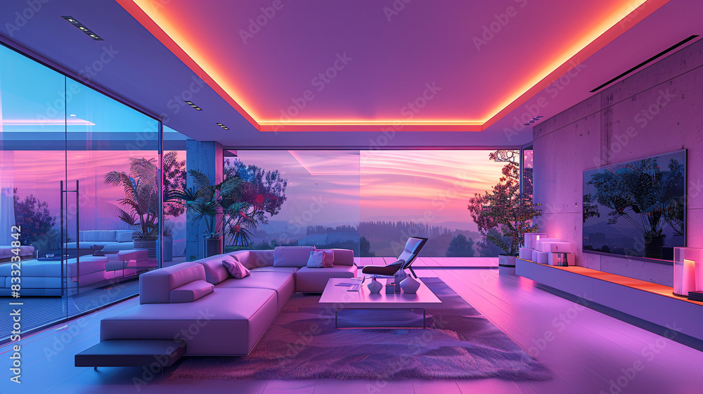Poster inside a futuristic smart home, various devices are seamlessly integrated into the ai management sys