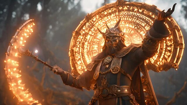A mystical warrior wearing intricate armor stood behind him a shining magical circle.