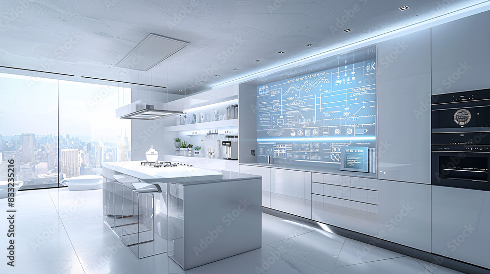 Poster a modern kitchen in an ai-augmented reality smart home, where holographic controls and smart applian