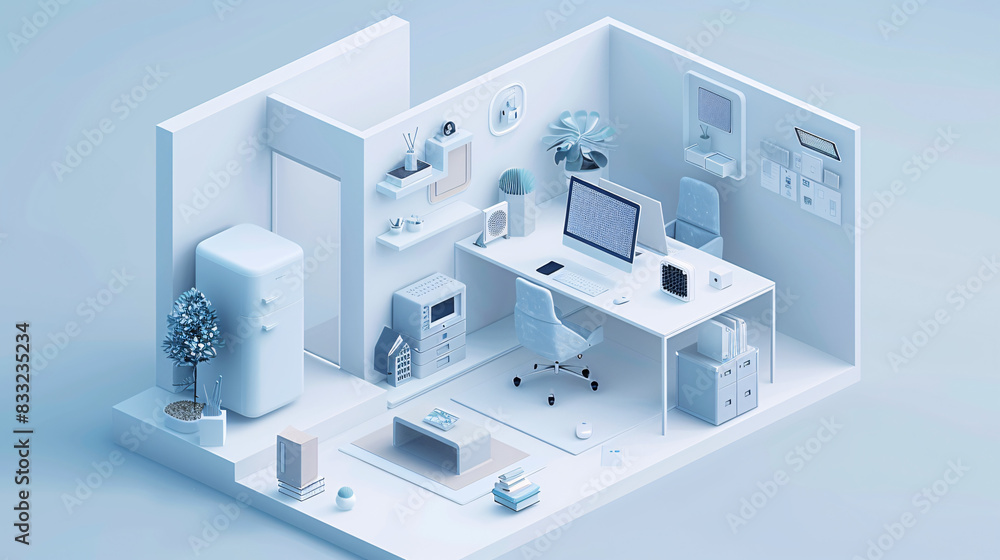Poster an isometric illustration of a smart home office equipped with ai-augmented reality tools, showing t