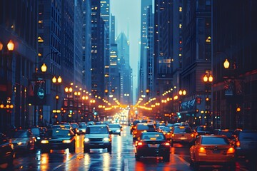 Obraz premium Captivating Urban Twilight Cityscape with Towering Skyscrapers and Vibrant Street Traffic