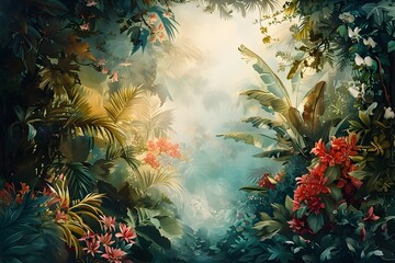 Obraz premium Enchanted Tropical Paradise:A Whimsical Worm's-Eye View of a Lush,Dreamlike Landscape