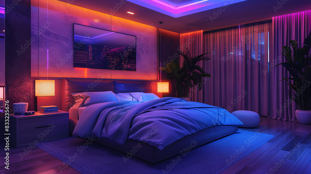 Poster a cozy bedroom in a smart home with ai-augmented reality interfaces controlling lighting, temperatur