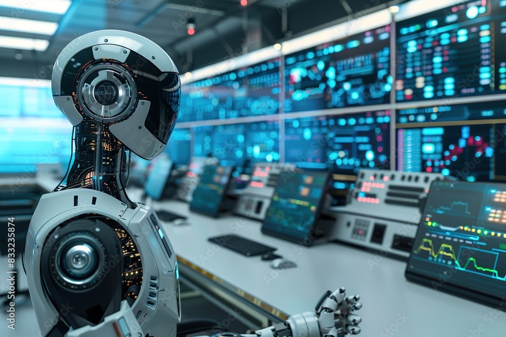 Poster Robot in control room monitoring data screens with futuristic in