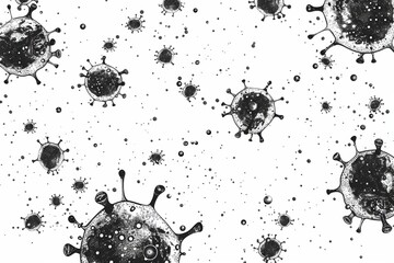 Black and white illustration of various virus cells and particles on a white background, showcasing microscopic organisms.