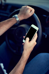 Man, hands and driving with smartphone for gps, support and directions to destination for travel. Male person, transport and mobile for digital maps, guidance and helpful information for journey